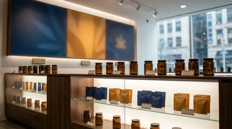 Minimal retail shelf of jars and pouches, New Mexico Cannabis Business License Guide